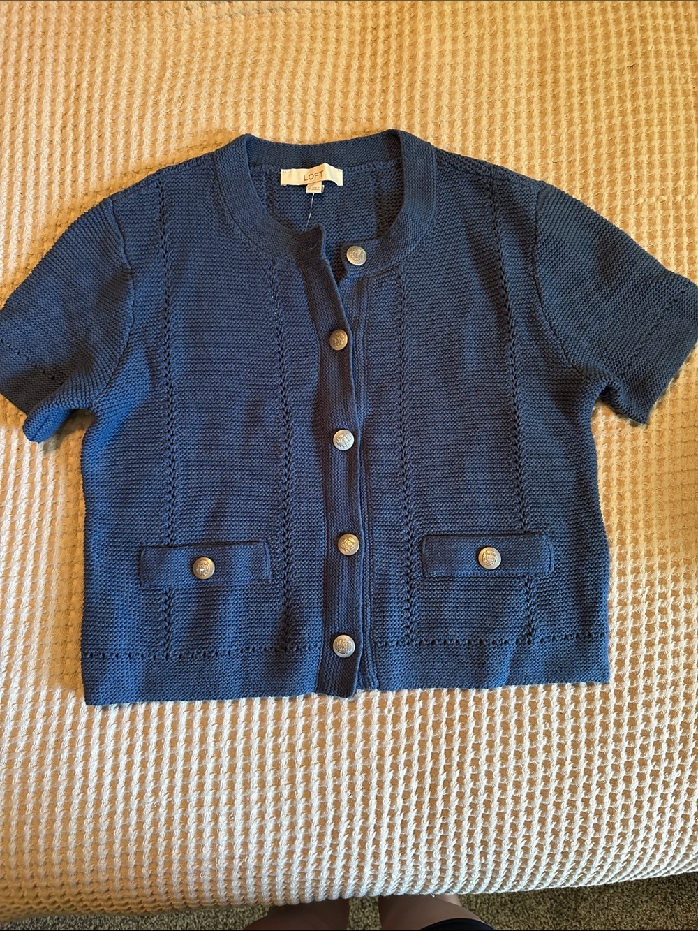 LOFT Blue Short-Sleeve Button Front Cardigan size M